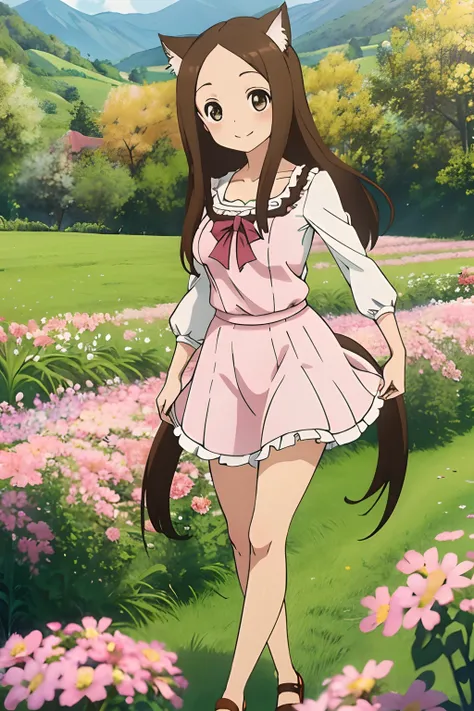 (Realistic),(Photorealistic),Takagi_San, 1girl in, Height 155 cm,Long hair, cat ear,Brown hair, Part bangs, Brown eyes,（（German national costume））,（（white frills））,（pink clothing）,large full breasts,cleavage of the breast,Forehead,Smile, Looking at Viewer,...