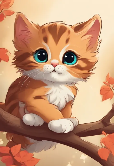 cartoon kitten holding a branch