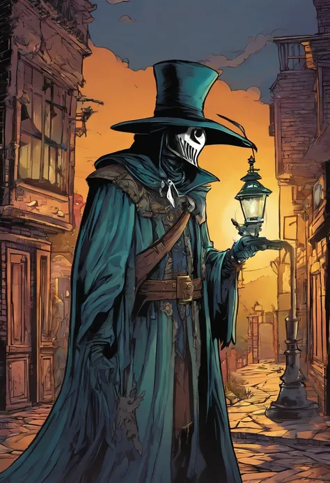 Plague doctor standing left facing a lamp