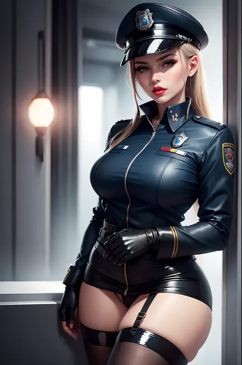 Solo, (Police Uniform, Policewoman), Stockings, City Lights, (Looking at the audience: 1.3), Lips Apart, Red Lips, Shiny Skin, Skin Dents, Best Quality, Ultra High Resolution, (Realism: 1.4),