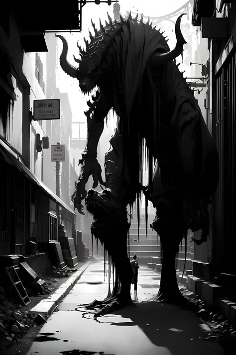 arafed monster with a dog in a city street, dark high-contrast concept art, impending doom in an alleyway, an ominous fantasy il...