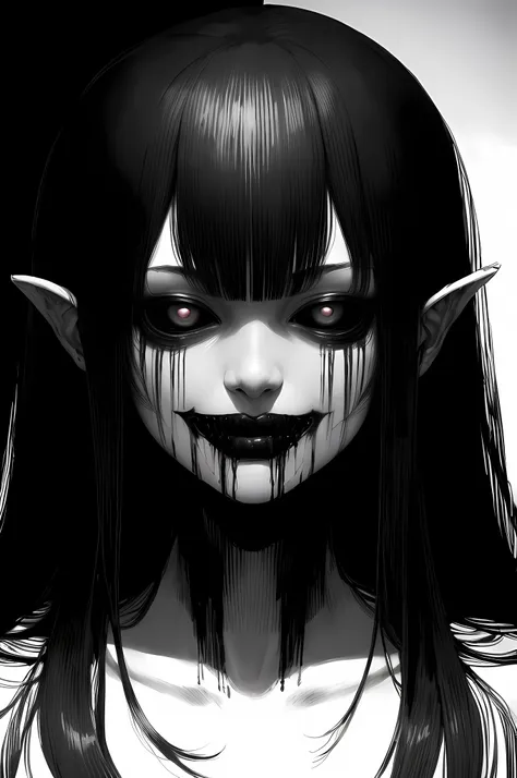 a close up of a woman with a creepy face and black hair, junji ito 4 k, demon anime girl, demon girl, portrait of demon girl, ga...