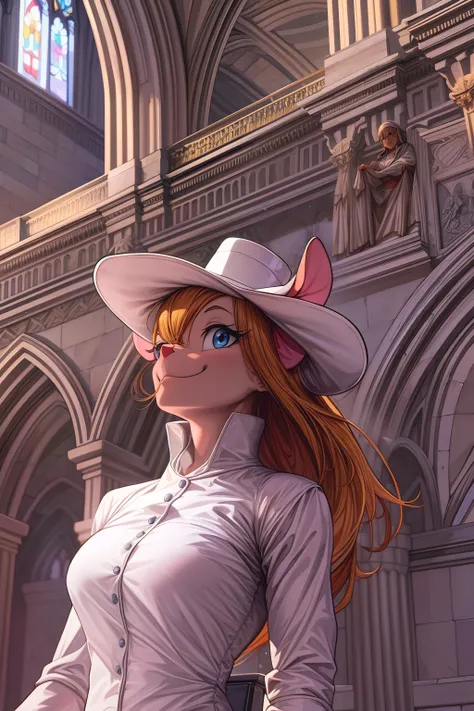 sexy gadget_hackwrench as the pope in a cathedral, smile, looking at viewer, cowboy shot, (high quality:1.2), masterpiece, detai...