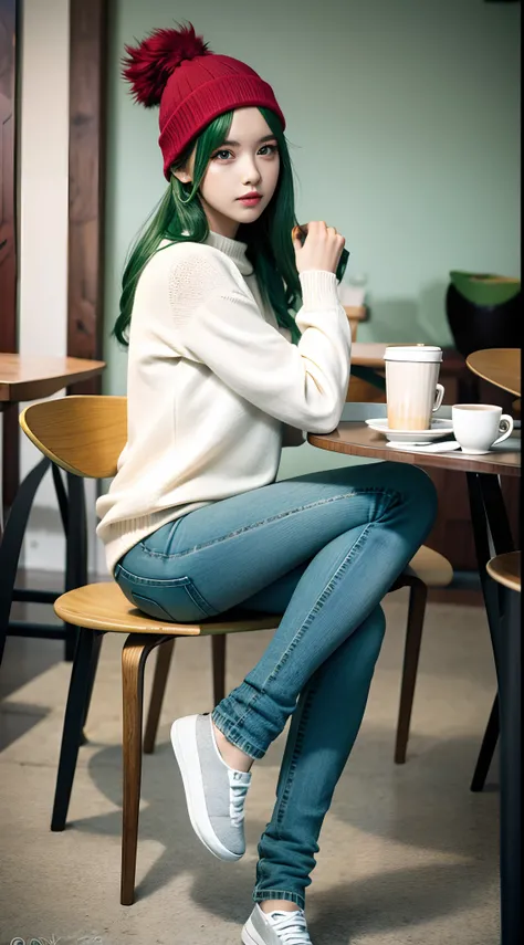 1girll, Solo, cafe shop, Green hair, Beanie, Sweater, Jeans, sit on chair, Dynamic pose, Indoors,