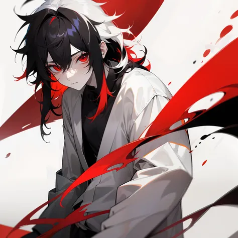 Longsleeve grey shirt with a haori worn over it, red eyes , somber expression , messy hair , Medium Length hair , 1male , Multicolored black and white hair , two tone hair , bright red eyes , pale white skin , lean build