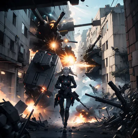 (Female soldier with strong body)、(((Shoot machine guns to destroy enemy robots:1.4)))、1 Female 1 Robot、(Black combat uniform)、(platinum-blonde-hair:1.2)、Have multiple weapons、Running through the rubble、((超A high resolution))、Detail Write、​masterpiece、top-...