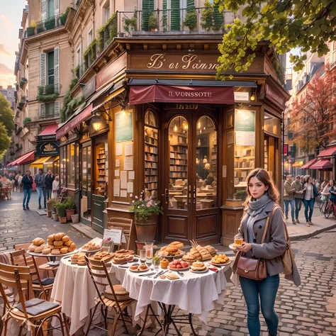 a romantic Parisian night, Eiffel Tower in the background, charming cobblestone streets, cozy sidewalk cafes, couples strolling hand in hand along the Seine River, soft glowing lights, vintage architecture, blooming flowers in the city, a beautiful sunset ...