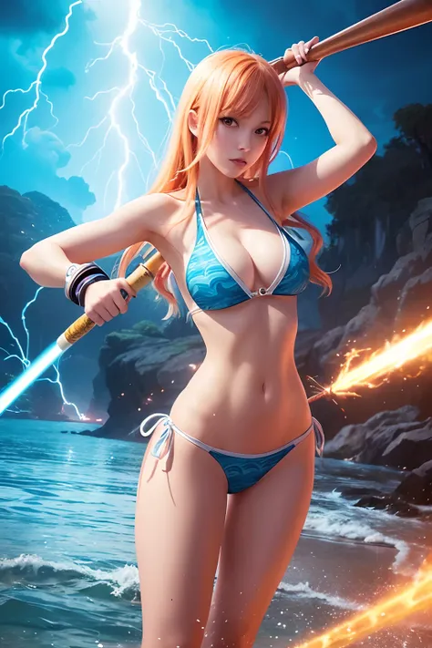 there is a woman in a bikini holding a baseball bat, nami from one piece, nami one piece, deviantart artstation cgscosiety, splashes of lightning behind her, epic digital art illustration, goddess of lightning, epic fantasy digital art style, epic fantasy ...