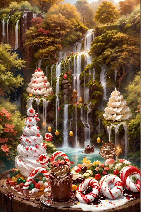 image of a cream fantasy, potrait a chocolate waterfall surrounded by candy cane tree and vanilla ice cream bush, high sweet chocolate water fall