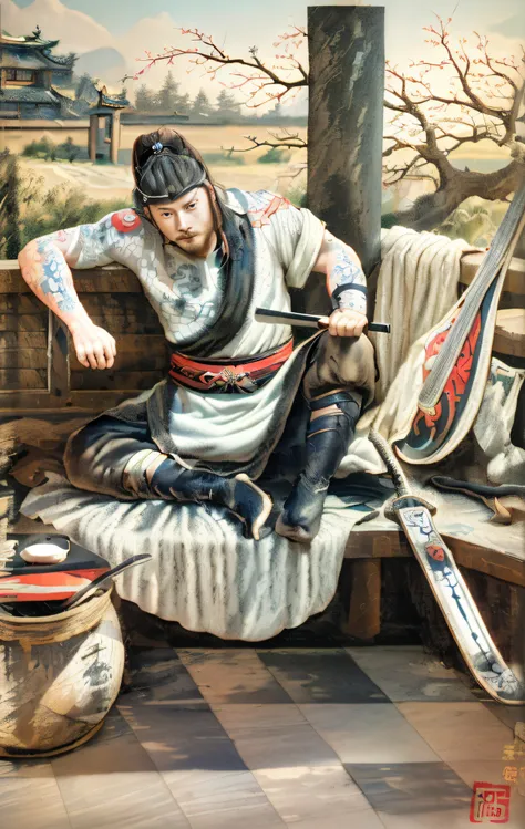 ((Unreal Engine 5)), Realistic rendering, Excellent, ,Warrior sitting on a Chinese-style fence, Handsome Chinese samurai，（Shirtless tattoos）, ((Chinese Garden)), Wear gloves on your hands，There is a lute next to it，And a thin knife，Simon Bisley, Almost nak...