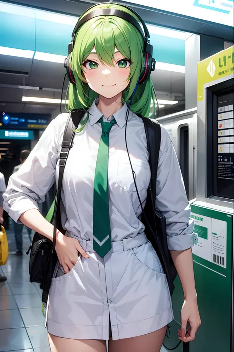 (masterpiece), science fiction, scenery, 1girl, smile, green hair, white eyes, headphones, subway station