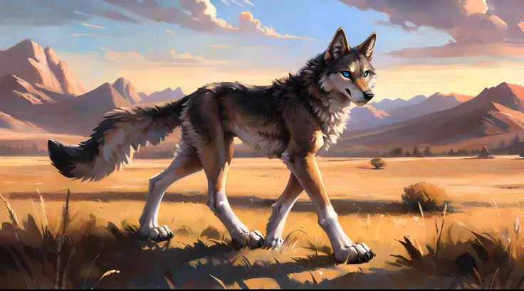 ((Solo)), male people, coyote, (Multi-colored fur, White-brown:1.3), ((Wolf face, White hair, Big eyes, White eyelids, Blue pupil, Slim:1.2) (Tough, Calm expression:1.2)), Abs, Slim, pinging)), (Correct anatomy), A big tail，Feet，Longer torso，Well-proportio...