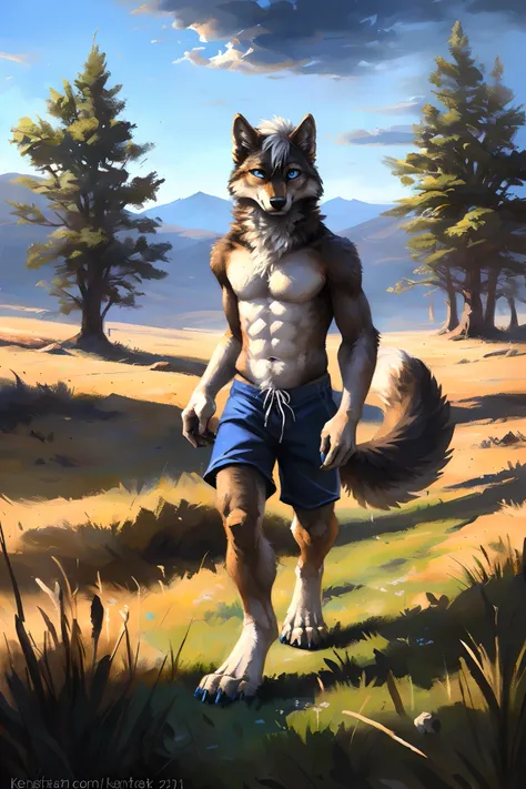 ((Solo)), male people, anthro wolf, (Multi-colored fur, White-brown:1.3), ((Wolf face, White hair, Big eyes, White eyelids, Blue pupil, Slim:1.2) (Tough, Calm expression:1.2)), Abs, Slim, pinging)), (Correct anatomy), (Work shorts:1.1), (Contour bone:1.2),...