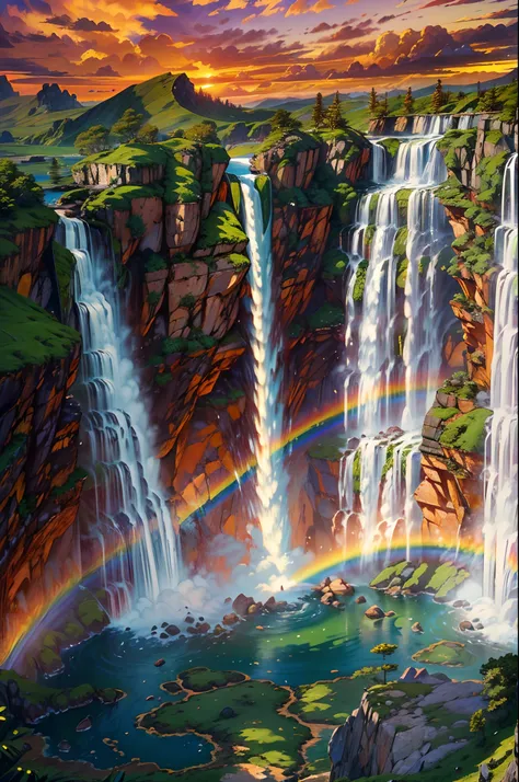 (best quality,4k,8k,highres,masterpiece:1.2),ultra-detailed,(realistic,photorealistic,photo-realistic:1.37),waterfall,desert,island,flying,natural,giant waterfall,rainbow,red sky,sunset,purple cloud,sky island,aurora borealis,vibrant colors,tropical paradi...