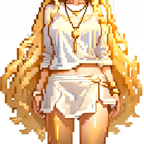 conceptual art of the character, white background, full body from the neck down, semi-realistic, 1 girl, long and wavy golden hair, white long-sleeved cropped top, golden details, golden necklace with star pendant, black sweatpants, white skirt, 17 years o...