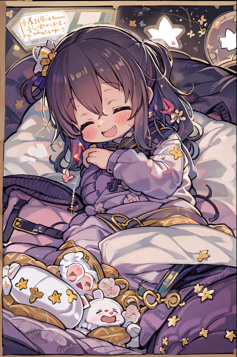 masutepiece, Best Quality, 1 girl, Solo, effect, Dark background, Sleeping in bed with a happy face,Chibi,Wrapped in a futon