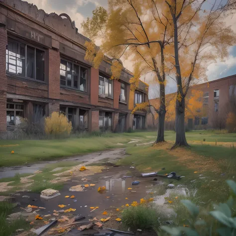 old factory, abandoned factory, autumn, withered grass, clear skies, cirrus clouds, old trees, dense shrub, broken glass, garbag...