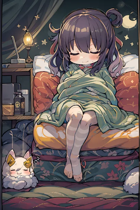 masutepiece, Best Quality, 1 girl, Solo, effect, Dark background, Sleeping in bed with a happy face,Chibi,Wrapped in a futon