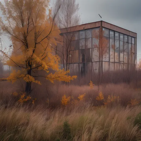 old factory, abandoned factory, autumn, withered grass, grey sky, old trees, dense shrub