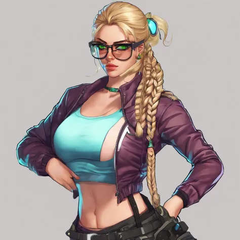 Action Taimanin videogame, character Emily Simmons, white and black outfit, transparent squared glasses, european race, green eyes, hyper detailed, good artist, good anatomy, blonde long braid, white shoes, black details on her hips, intricate details, cut...