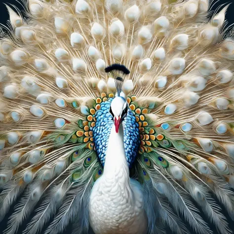 Best quality, Amazing artwork of beautiful white peacock, intricately details, (Best shadow), elegant, voluminetric lighting