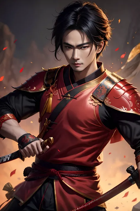 arafed image of a man in a red and black outfit holding a sword, by Yang J, handsome guy in demon slayer art, xianxia hero, chengwei pan on artstation, yanjun chengt, inspired by Zhang Wo, inspired by Yang Jin, inspired by Zhu Derun, by Liang Kai, inspired...