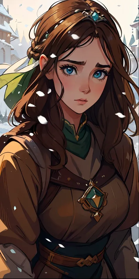 Uma bela mulher de olhos verdes e cabelos castanhos longo ondulado (brown hair) (Detailed strokes) Princess eyes Sexy curvy eyelashes A white background of snowflakes through the air Expressive drama with a sad look An art for an RPG A medieval art for an ...