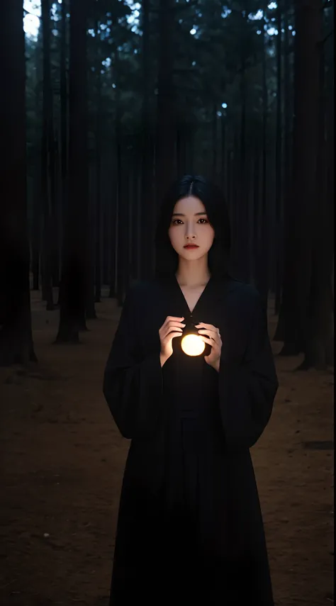 ((masterpiece)), best quality, female magician using black robe, Stunning style, holding a magic ball, forest background, night, magic ball light