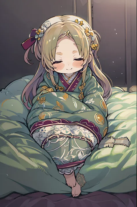 masutepiece, Best Quality, 1 girl, Solo, effect, Dark background, Sleeping in bed with a happy face,Chibi,Wrapped in a futon