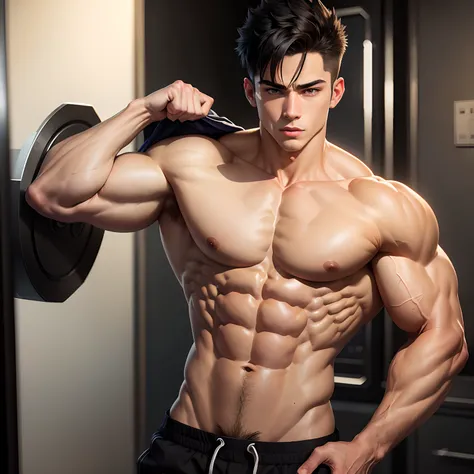 Muscle teen with ripped body showing hard pecs, black hair, jacked, shredded, lean muscles, chest and abs