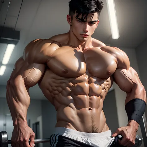 Muscle teen with ripped body showing hard pecs, black hair, jacked, shredded, lean muscles, chest and abs