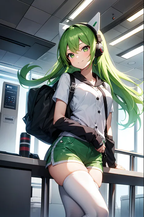 (masterpiece), science fiction, scenery, 1girl, smile, green hair, white eyes, headphones, white pantyhose, black leather shorts, subway station