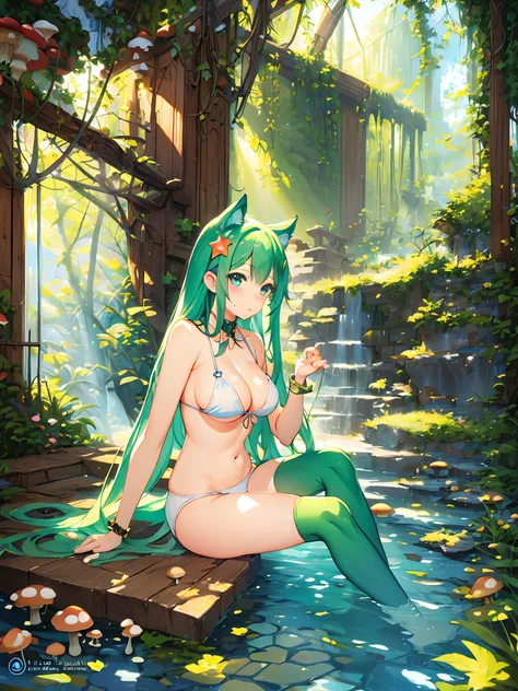 (mushroom on head:1.3), (embarrassed:1.2), (starly eyes:1.3), anime girl in a bikini sitting on a stone ledge in a garden, ahri, very beautiful anime cat girl, beautiful anime catgirl, hestia, anime girl with cat ears, seductive anime girl, attractive cat ...