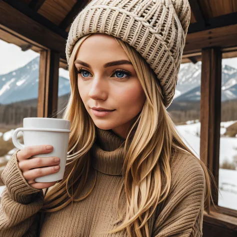 drinking coffee in a cozy hut, wearing cozy clothes, wearing warm hat, looking at camera, (Best Quality:1.2), Super Detail, photo of beautiful Caucasian woman, blonde hair, thin waist, deep neckline, big tits