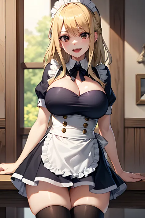 Master masterpiece, top-quality, High Definition, , Lucy Heartphilia, blonde  hair, length hair, large full breasts, Smile with open mouth, Solo、pinafore, doress, frilld, Maids, maid apronl, Maid headdress, short dress, 独奏, black thighhighs, Shawl Uniform,