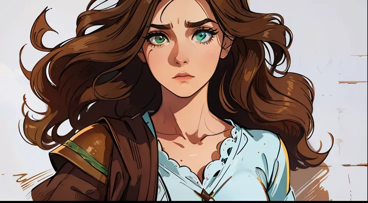 Uma bela mulher de olhos verdes e cabelos castanhos longo ondulado (brown hair) (Detailed strokes) Princess eyes Sexy curvy eyelashes A background with wooden wall Expressive drama with a sad look An art for an RPG A medieval art for an RPG