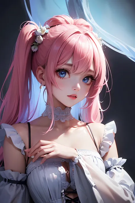 1girl in、looking at the viewers、
The upper part of the body、Beautiful blue eyes、Twin tails pink hair color、Moles under the eyes、Plump and glossy lips、Heart-shaped choker、。.。.。.。.。.。.。.。.。.。.。.。.。.。.。.。.。.3D、realisitic、
excessively frilled princess dress、dr...