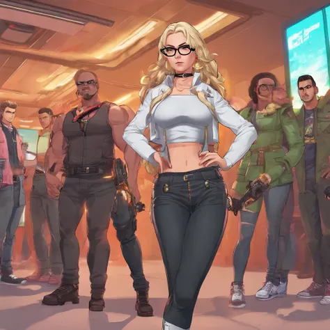 videogame Action Taimanin, character Emily Simmons, White and black wick outfit , wears transparent square frame glasses, European race, Green eyes, hyper detailed, A good artist, good anatomy, blonde with a long braid, white shoes, Black details on the hi...