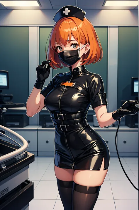 black nurse, 1girl, black nurse cap, black wear, ((black legwear, zettai ryouiki)), black elbow gloves, very short hair, orange hair, ((black surgical mask, covered nose)), standing, ((surgery room)), sharp outline, short sleeves, tomboy, boyish, best qual...