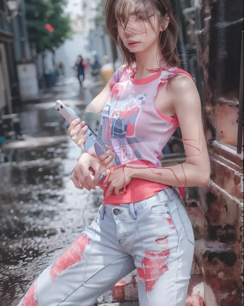 there is a woman standing on a stair with a cell phone, with rifle, with pistol, casual pose, wearing pants and a t-shirt, full body picture, wearing a red outfit, casual photography, jeans and t shirt, with a cool pose, candid picture, full body photogeni...