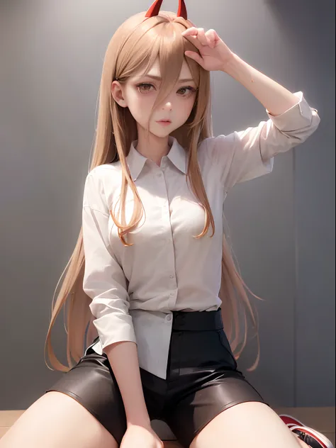 ((masterpiece, best quality)), (1girl), (solo), (female focus), (ahoge, brown hair, very long hair), golden eyes, ((white shirt), (buttoned shirt), (gap button)), ((black shorts ), (shorts)), sitting , black background, dynamic angle, slim body, cute shoes...