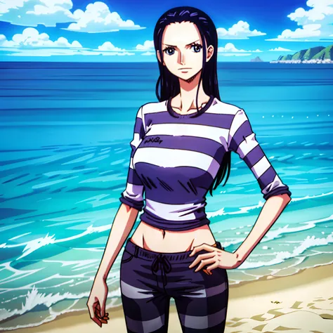 1girl, (shapely body), (solo), 30 years old,  hdr, beach, nico robin, priclothes, striped clothes, prisoner, clothes, clothing, ...