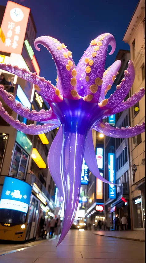 master part, best quality, [(A translucent purple octopus)+(((Vitreous skin)))] ,Luzes das estrelas，na cidade，fotorrealista, high resolution, circunstanciado, foco nítido