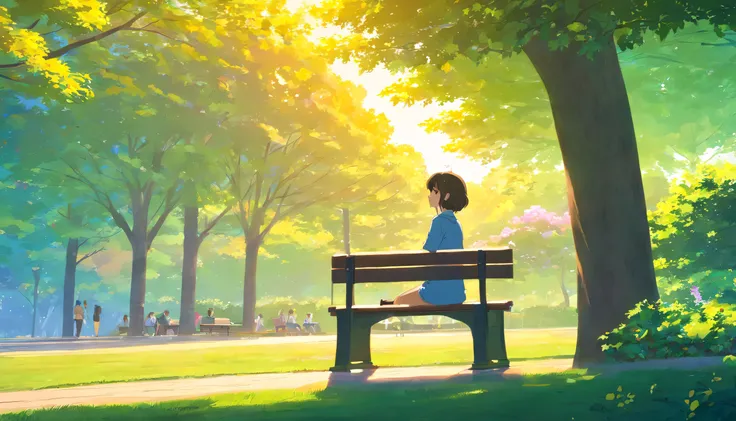 A woman sitting on a bench in a park, looking up at the sky with a look of peace and hope on her face. God is standing next to her, smiling down at her.