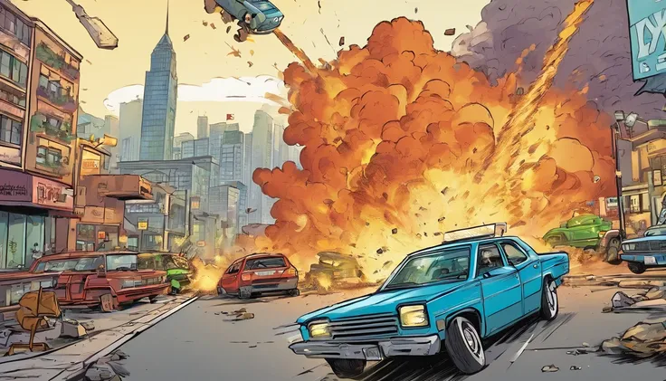 2 car crashing in each other, cars crashing and big explosion in background, city, cartoon style