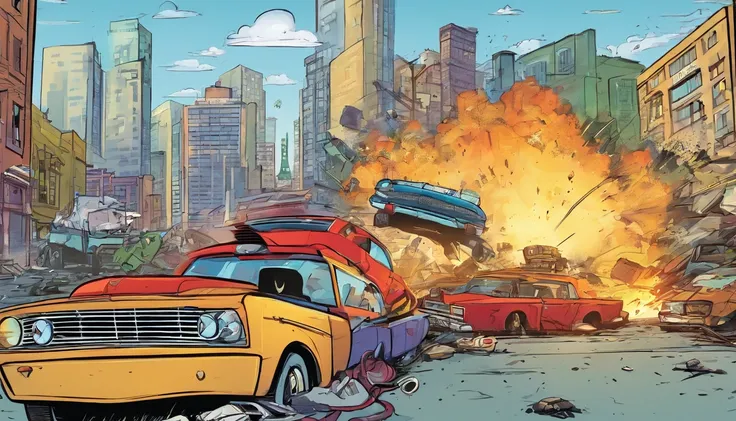 2 car crashing in each other, cars crashing and big explosion in background, city, cartoon style