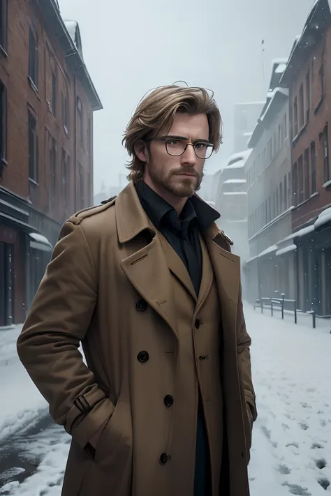 "(best quality,4k,8k,highres,masterpiece:1.2),ultra-detailed,(realistic,photorealistic,photo-realistic:1.37),portrait,man in a long brown trench coat,shaggy blonde hair,very little facial hair,wearing spectacles,gloomy atmosphere,snow covered,snowing,dark ...