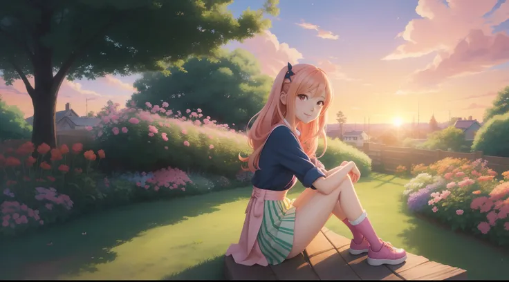 Anime girl sitting on wood in garden，The background is sunset, lovely digital painting, cartoon digital painting, Realistic cute girl painting, Cute detailed digital art, anime visual of a cute girl, digital cartoon painting art, made with anime painter st...