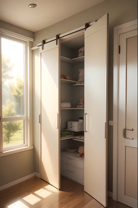 Sliding door wardrobe in the middle，Flush wall，childrens，ssmile，rays of sunshine，window，a chair，Leisure