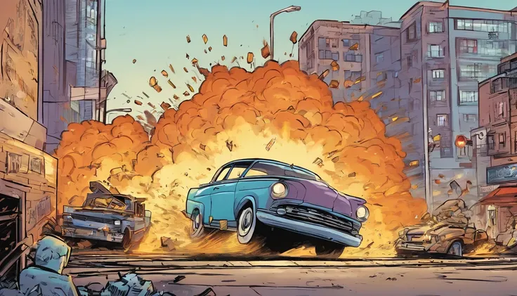 2 car crashing in each other, big explosion in background, city, cartoon style